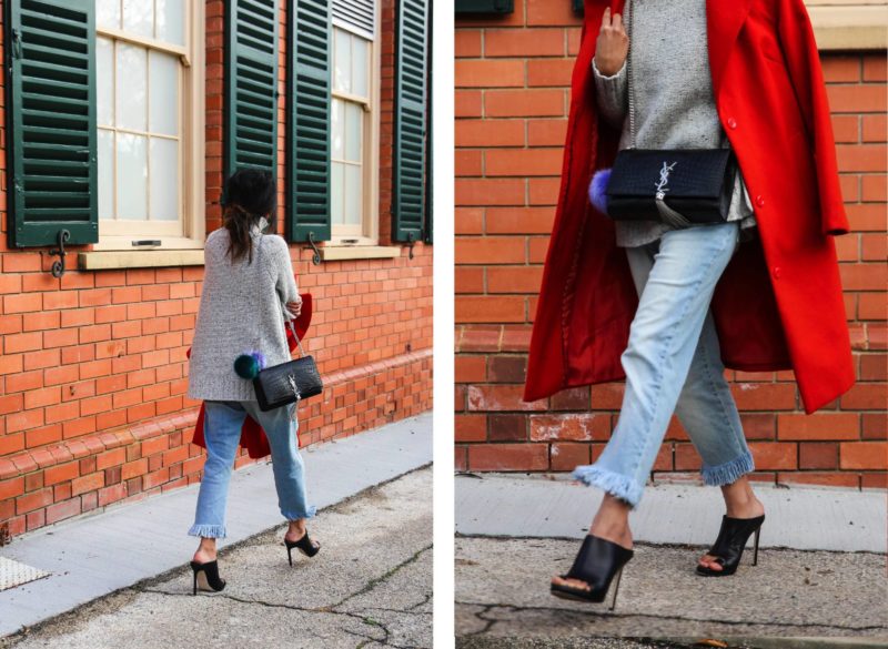 heyyy june ysl saint laurent croc embossed tassel bag orange coat winter style black stiletti mules