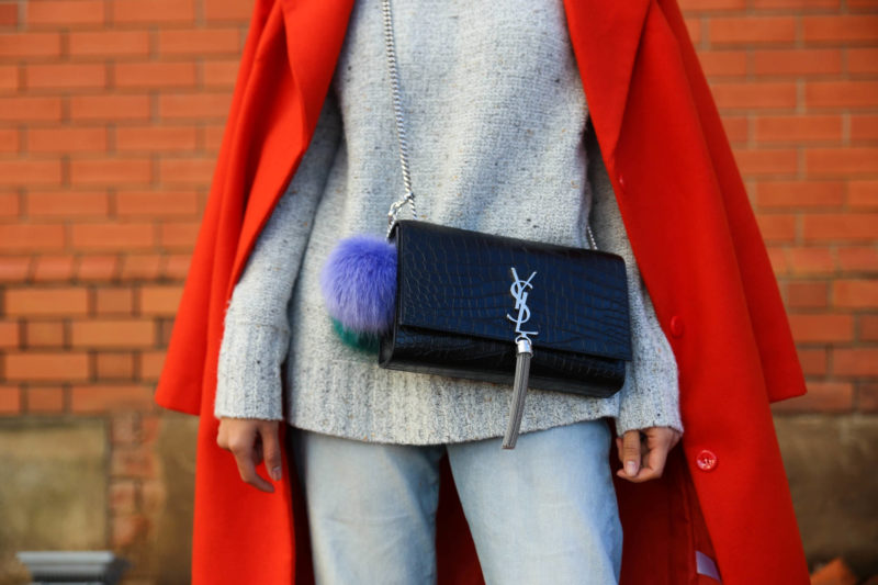 heyyy june ysl saint laurent croc embossed tassel bag orange coat winter style black stiletto mules