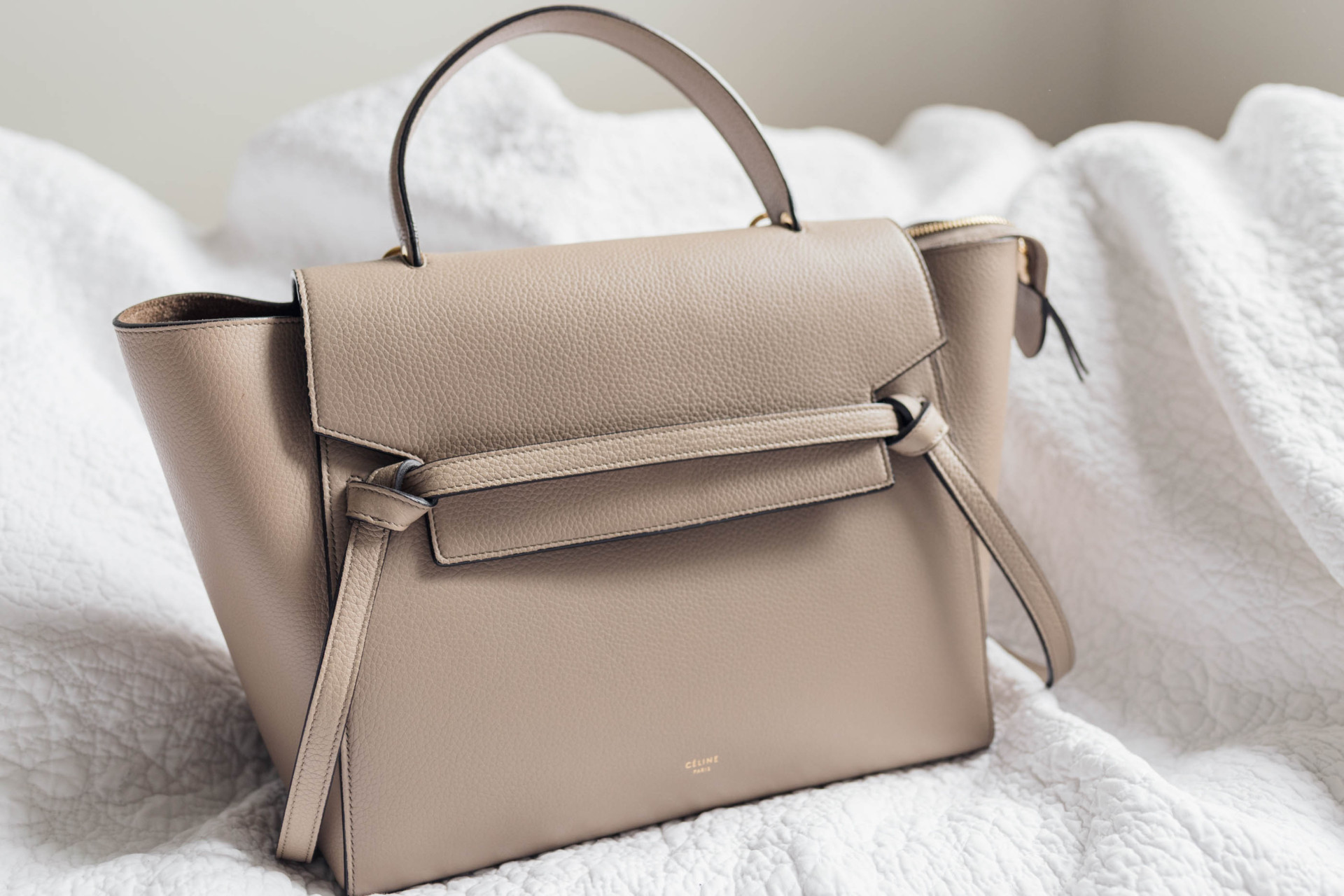 Celine Taupe Mini Belt Bag in Dune Drummed Calfskin | heyyyjune.